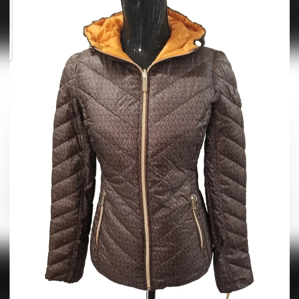 SOLD NWT! Michael Kors Reversible MK Logo Hooded Packable Puffer Jacket Size XXS - Picture 1 of 16